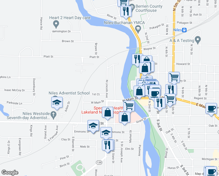 map of restaurants, bars, coffee shops, grocery stores, and more near 323 North Lincoln Avenue in Niles