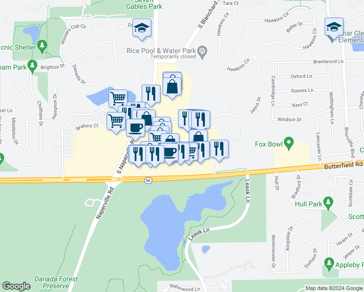 map of restaurants, bars, coffee shops, grocery stores, and more near 151 Rice Lake Square in Wheaton