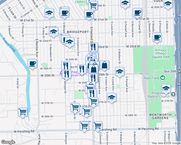 map of restaurants, bars, coffee shops, grocery stores, and more near 3450 South Halsted Street in Chicago
