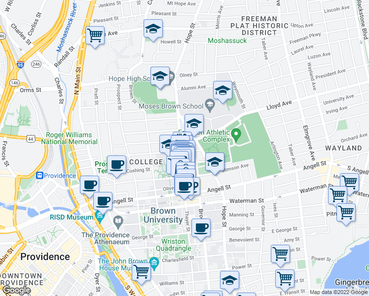 map of restaurants, bars, coffee shops, grocery stores, and more near 251 Bowen Street in Providence