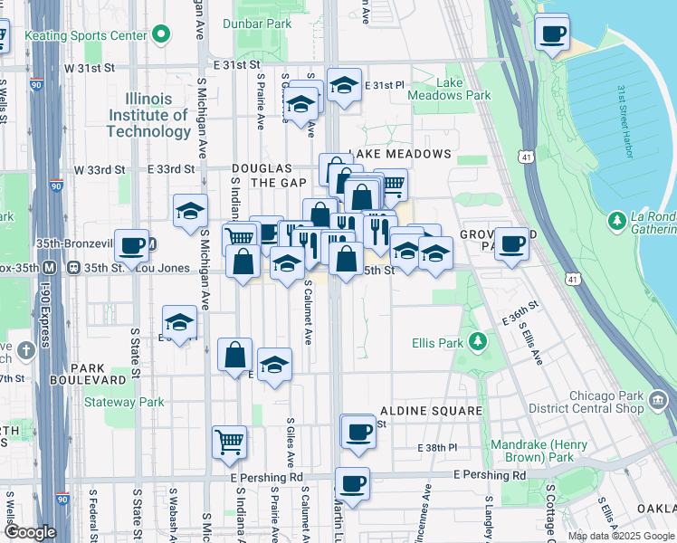 map of restaurants, bars, coffee shops, grocery stores, and more near S King Dr & E 35th St in Chicago