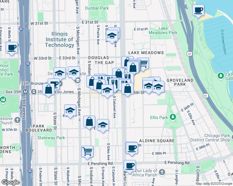 map of restaurants, bars, coffee shops, grocery stores, and more near S Calumet Ave & E 35th St in Chicago