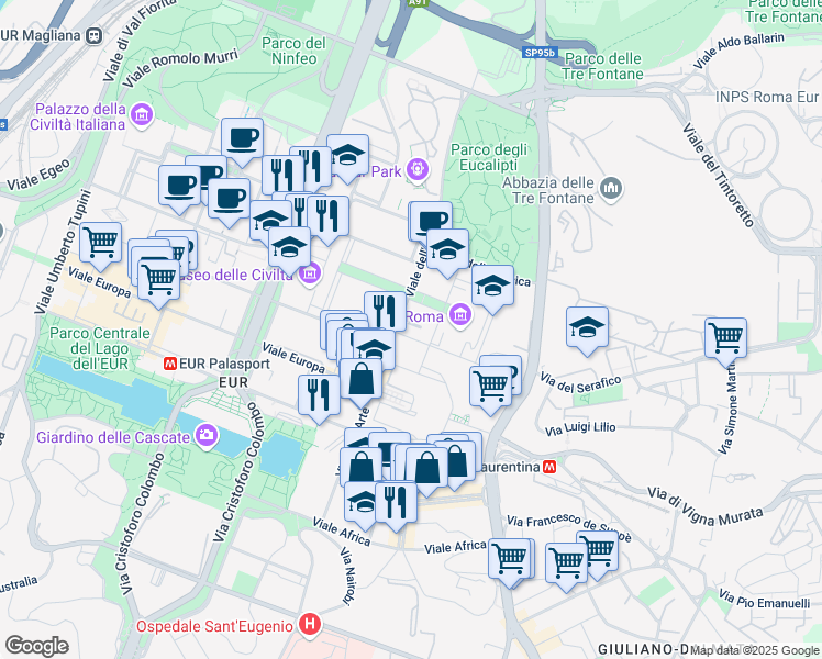map of restaurants, bars, coffee shops, grocery stores, and more near 25 Viale dell'Arte in Roma