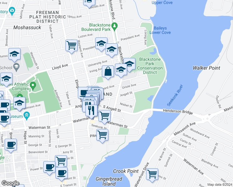 map of restaurants, bars, coffee shops, grocery stores, and more near 204 Butler Avenue in Providence