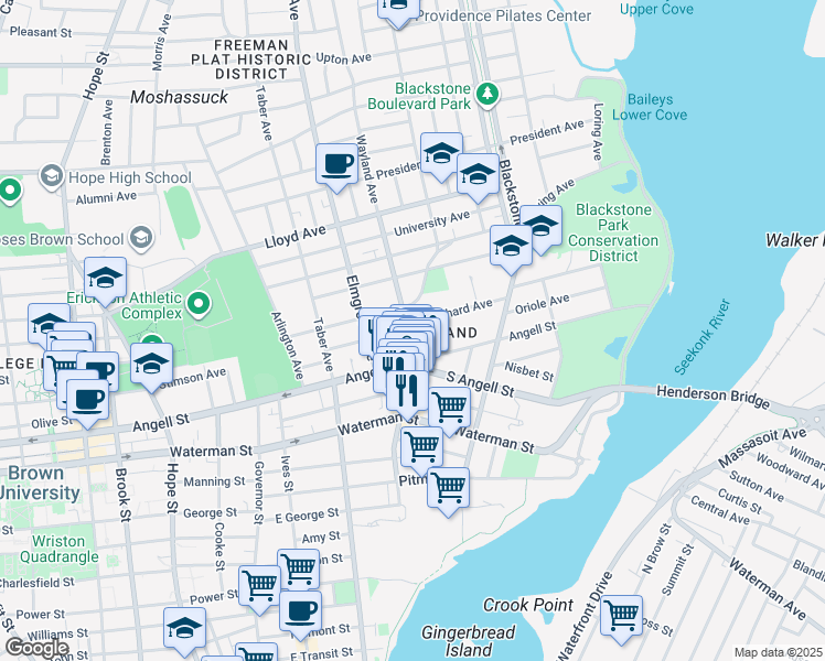map of restaurants, bars, coffee shops, grocery stores, and more near 490 Angell Street in Providence