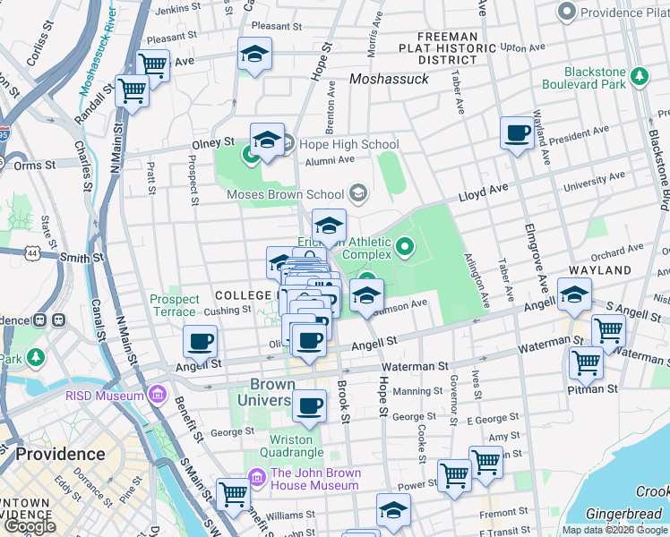 map of restaurants, bars, coffee shops, grocery stores, and more near 251 Bowen Street in Providence