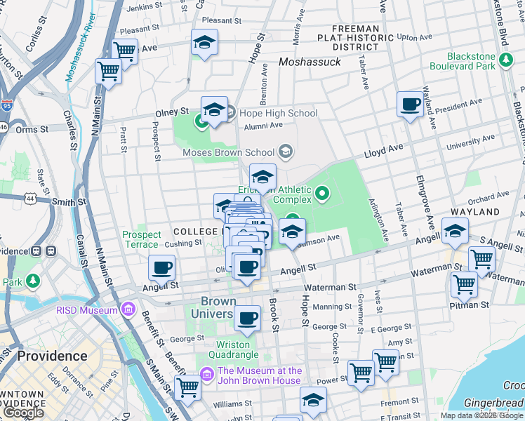 map of restaurants, bars, coffee shops, grocery stores, and more near 251 Bowen Street in Providence