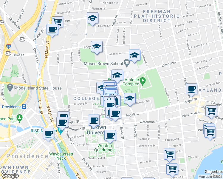 map of restaurants, bars, coffee shops, grocery stores, and more near in Providence
