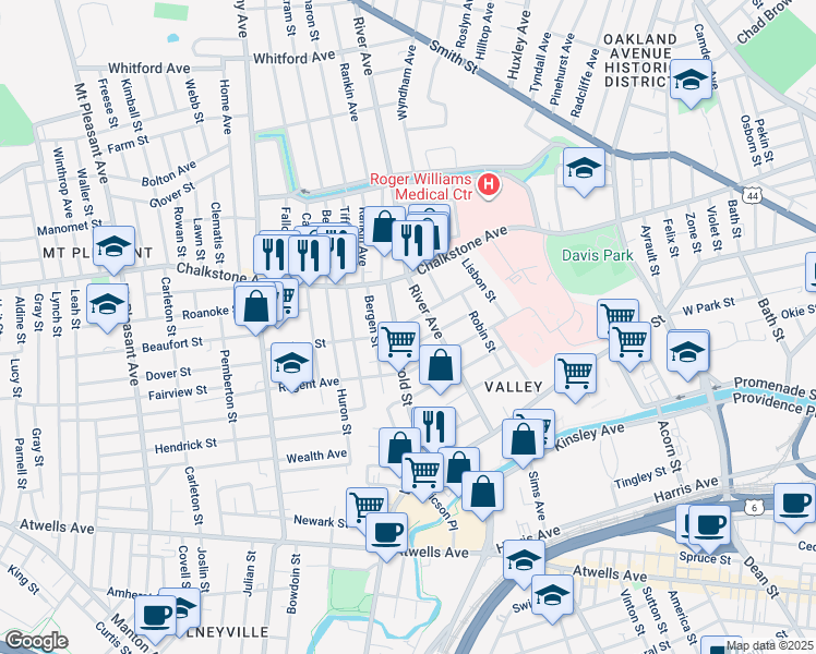 map of restaurants, bars, coffee shops, grocery stores, and more near 130 Harold Street in Providence