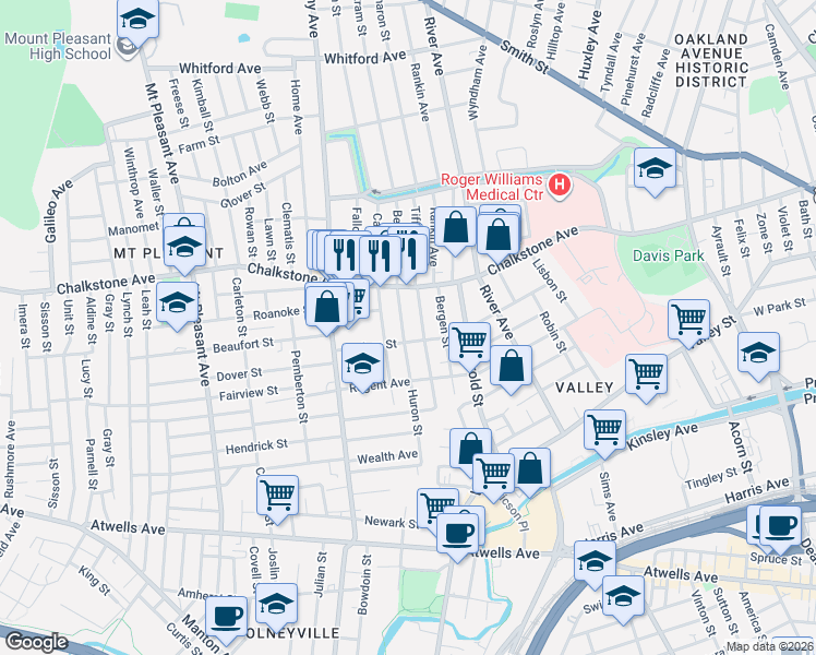 map of restaurants, bars, coffee shops, grocery stores, and more near 58 Andem Street in Providence