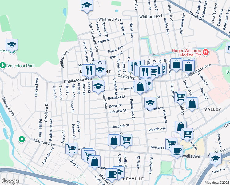 map of restaurants, bars, coffee shops, grocery stores, and more near 90 Beaufort Street in Providence