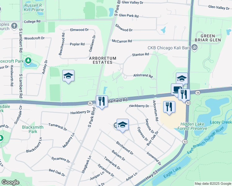 map of restaurants, bars, coffee shops, grocery stores, and more near 2S758 Lakeside Drive in Glen Ellyn