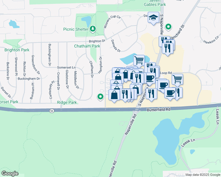 map of restaurants, bars, coffee shops, grocery stores, and more near 112 Danada Square West in Wheaton