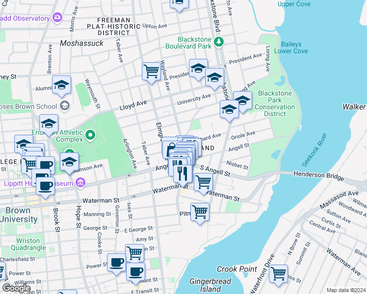 map of restaurants, bars, coffee shops, grocery stores, and more near 252 Wayland Avenue in Providence