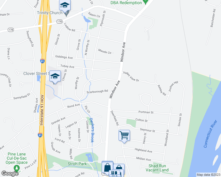 map of restaurants, bars, coffee shops, grocery stores, and more near in Windsor