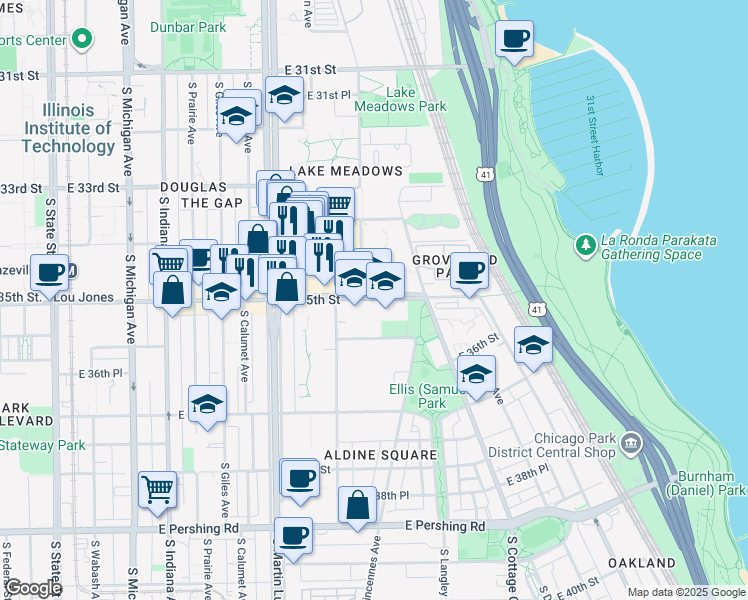 map of restaurants, bars, coffee shops, grocery stores, and more near 535 East 35th Street in Chicago