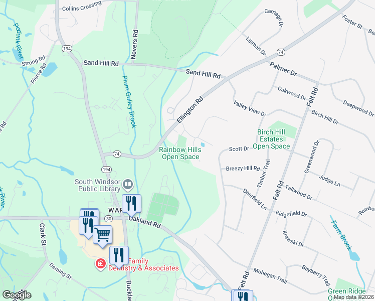 map of restaurants, bars, coffee shops, grocery stores, and more near 38 Darlene Drive in South Windsor