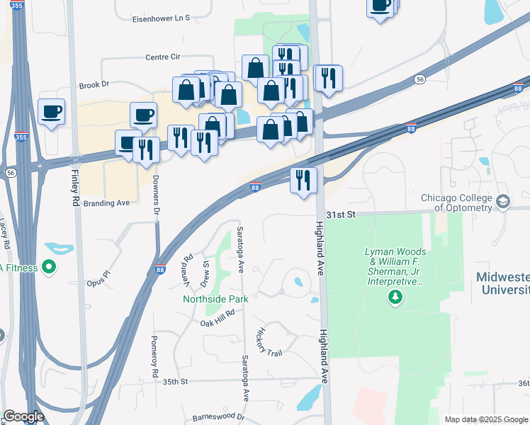 map of restaurants, bars, coffee shops, grocery stores, and more near 1100 31st Street in Downers Grove