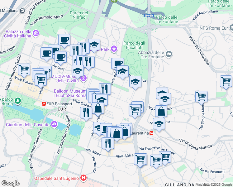 map of restaurants, bars, coffee shops, grocery stores, and more near 25 Viale dell'Arte in Roma