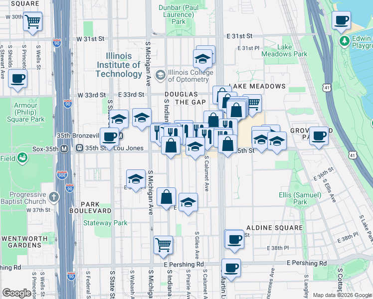 map of restaurants, bars, coffee shops, grocery stores, and more near 303 E 35th St in Chicago