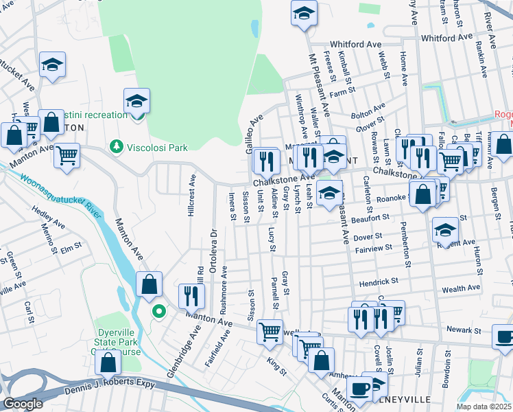 map of restaurants, bars, coffee shops, grocery stores, and more near 174 Sisson Street in Providence
