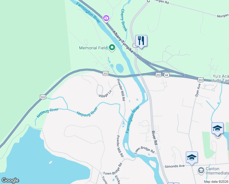 map of restaurants, bars, coffee shops, grocery stores, and more near 10 Riverbend Lane in Canton