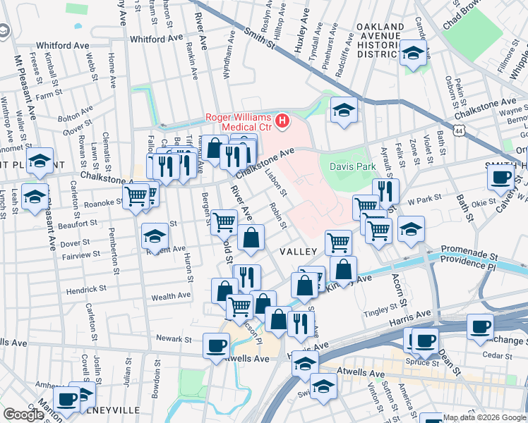 map of restaurants, bars, coffee shops, grocery stores, and more near 64 Regent Avenue in Providence