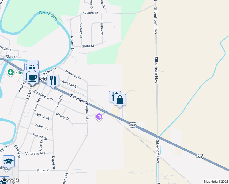 map of restaurants, bars, coffee shops, grocery stores, and more near 300 Sherman Street in Blissfield