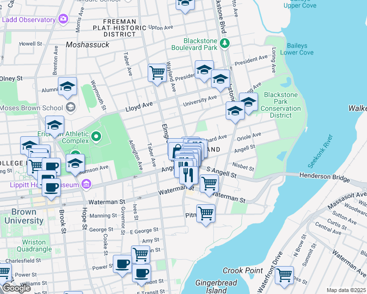 map of restaurants, bars, coffee shops, grocery stores, and more near 490 Angell Street in Providence