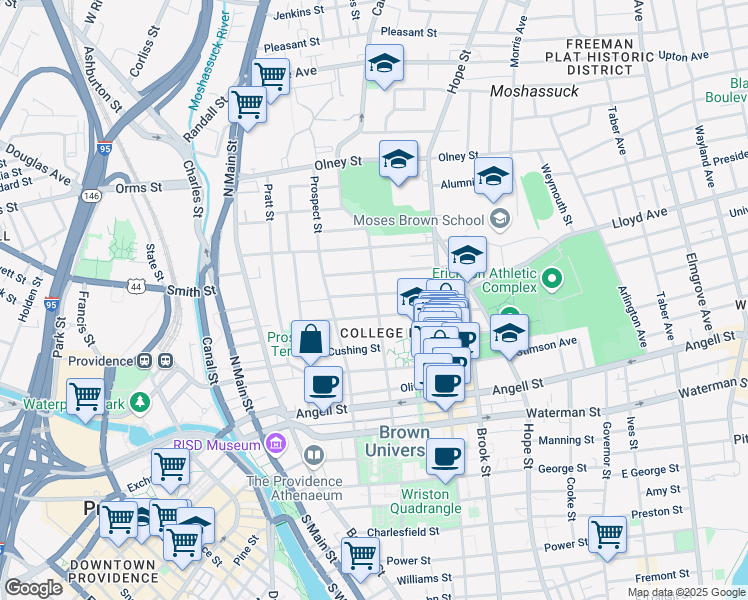map of restaurants, bars, coffee shops, grocery stores, and more near 157 Bowen Street in Providence