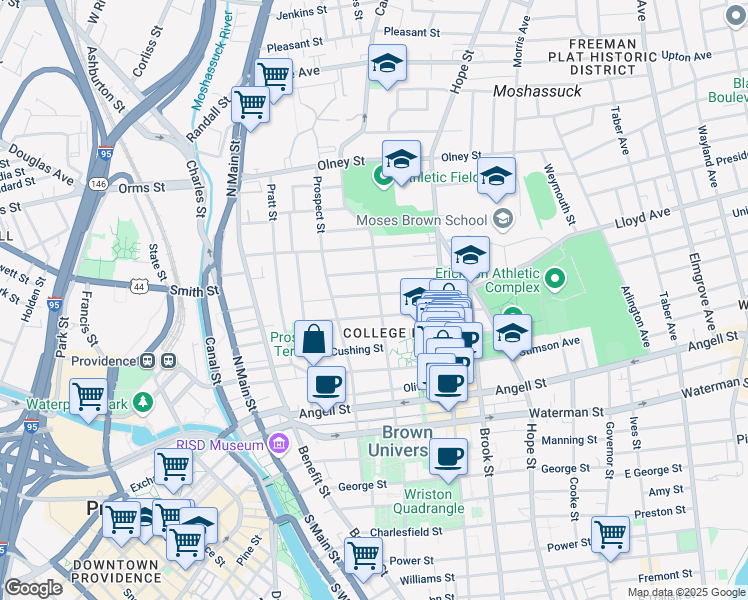 map of restaurants, bars, coffee shops, grocery stores, and more near 157 Bowen Street in Providence