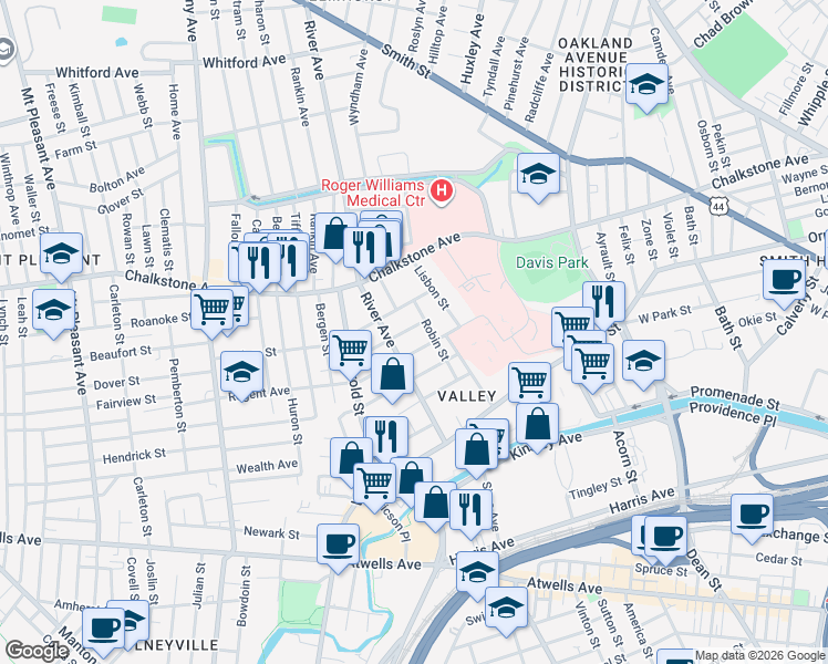 map of restaurants, bars, coffee shops, grocery stores, and more near 64 Regent Avenue in Providence