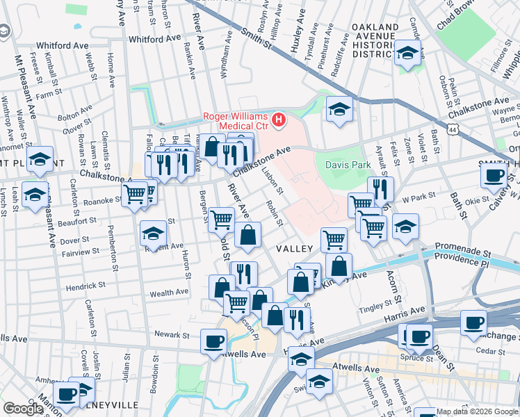 map of restaurants, bars, coffee shops, grocery stores, and more near 64 Regent Avenue in Providence