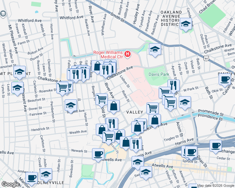 map of restaurants, bars, coffee shops, grocery stores, and more near 64 Regent Avenue in Providence