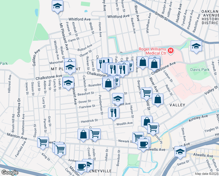 map of restaurants, bars, coffee shops, grocery stores, and more near 20 Beaufort Street in Providence