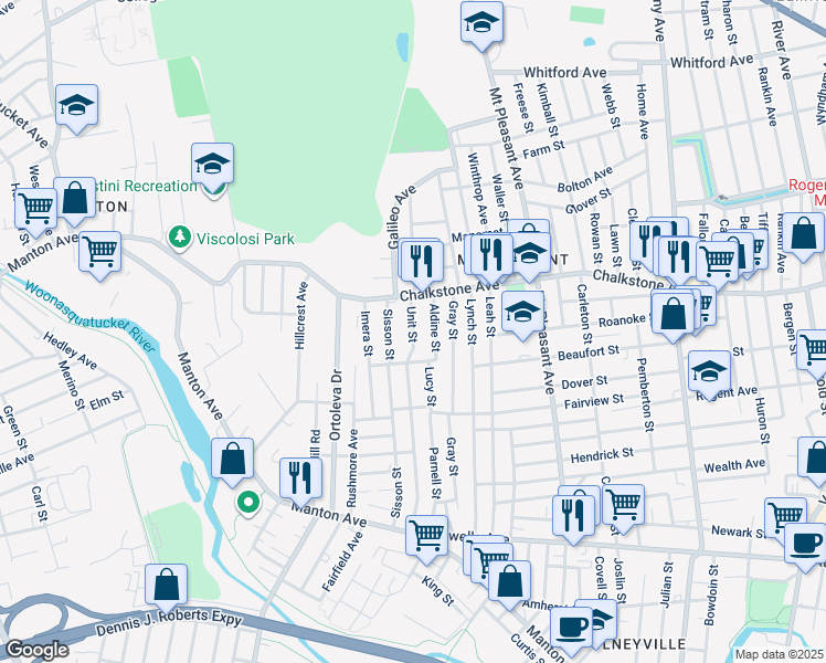 map of restaurants, bars, coffee shops, grocery stores, and more near 9 Almira Avenue in Providence