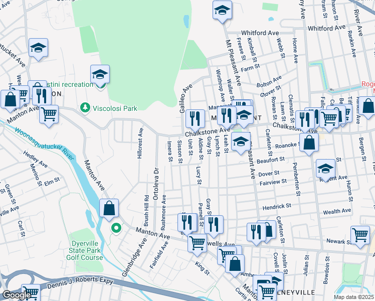 map of restaurants, bars, coffee shops, grocery stores, and more near 174 Sisson Street in Providence