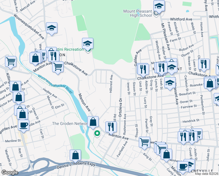 map of restaurants, bars, coffee shops, grocery stores, and more near 147 Brush Hill Road in Providence