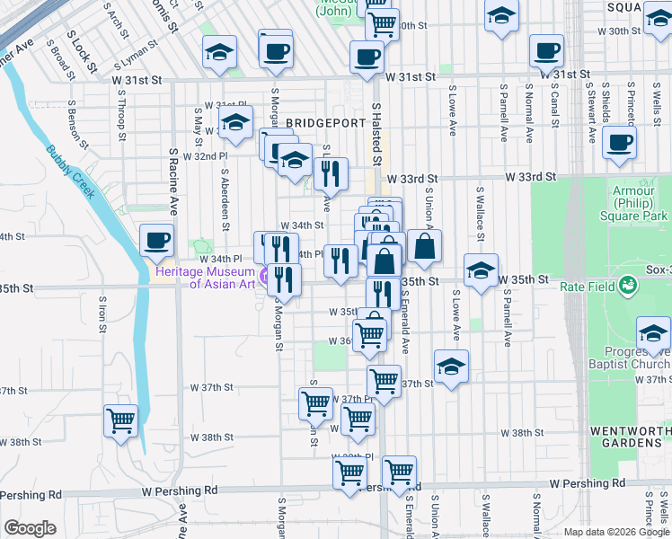 map of restaurants, bars, coffee shops, grocery stores, and more near 901-903 West 35th Place in Chicago