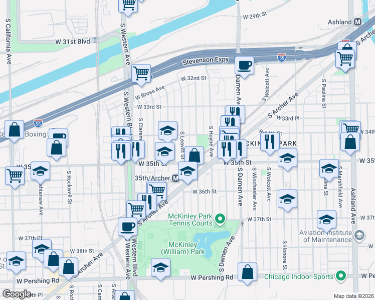 map of restaurants, bars, coffee shops, grocery stores, and more near 3455 South Leavitt Street in Chicago