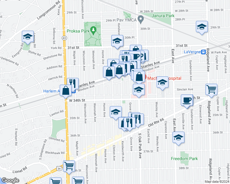 map of restaurants, bars, coffee shops, grocery stores, and more near 6925 34th Street in Berwyn