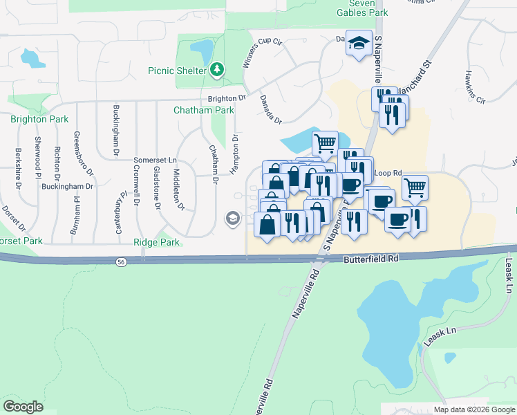 map of restaurants, bars, coffee shops, grocery stores, and more near 112 Danada Square West in Wheaton