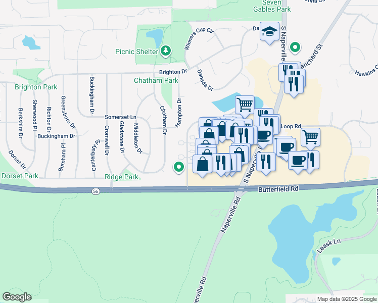 map of restaurants, bars, coffee shops, grocery stores, and more near 246-256 West Loop Road in Wheaton