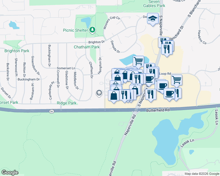 map of restaurants, bars, coffee shops, grocery stores, and more near 112 Danada Square West in Wheaton