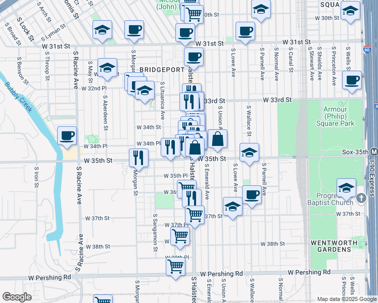 map of restaurants, bars, coffee shops, grocery stores, and more near 3506 South Halsted Street in Chicago