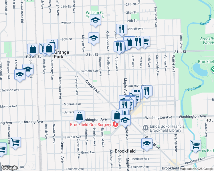 map of restaurants, bars, coffee shops, grocery stores, and more near 3223 Raymond Avenue in Brookfield