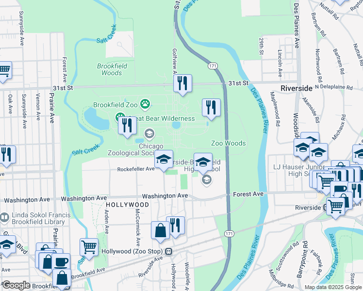 map of restaurants, bars, coffee shops, grocery stores, and more near 3300 Golf Road in Brookfield