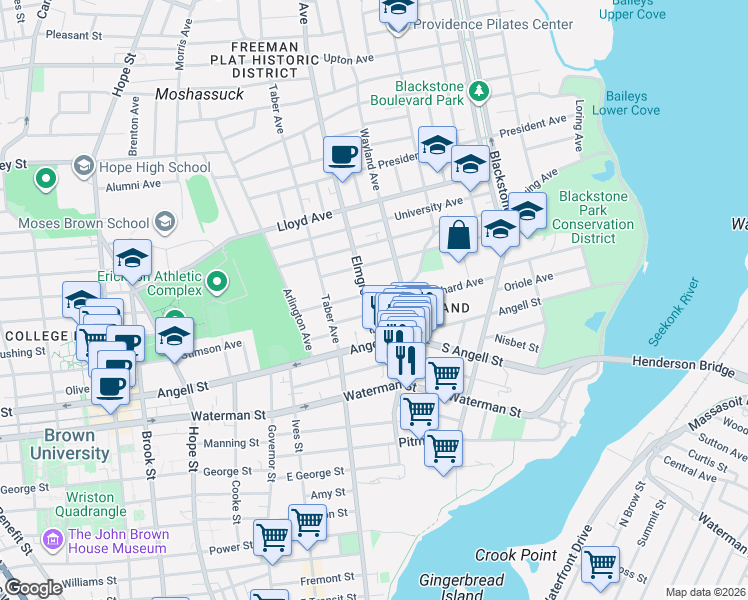 map of restaurants, bars, coffee shops, grocery stores, and more near 63 Elmgrove Avenue in Providence