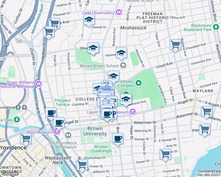 map of restaurants, bars, coffee shops, grocery stores, and more near 1951 Hope Street in Providence