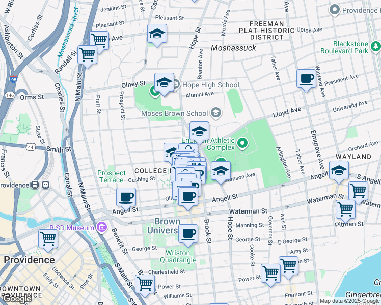 map of restaurants, bars, coffee shops, grocery stores, and more near 1951 Hope Street in Providence